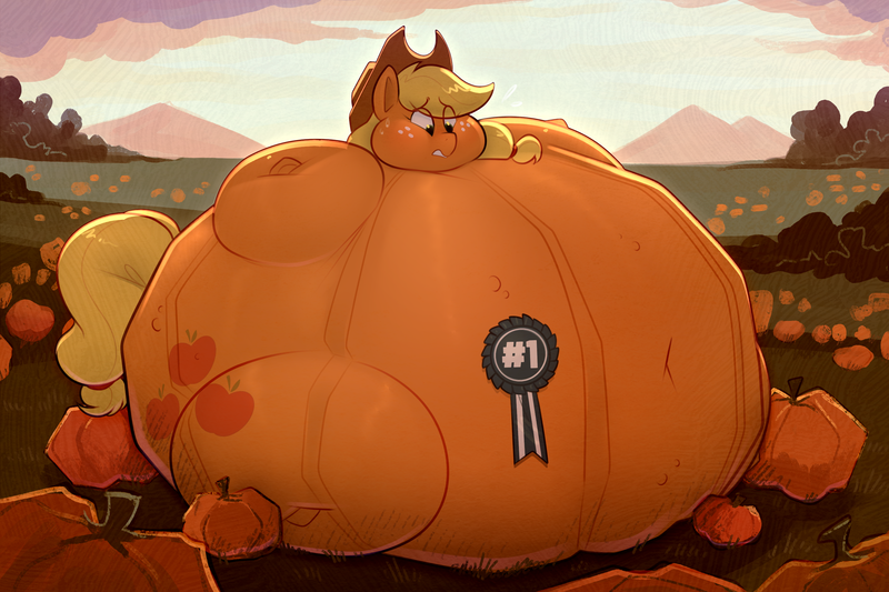 Size: 3000x2000 | Tagged: applejack, artist:secretgoombaman12345, blue ribbon, blushing, derpibooru import, expansion, fat, fetish, food transformation, inflation, morbidly obese, obese, plant tf, pumpkin, pumpkinjack, pumpkin patch, questionable, solo, sweat, sweatdrops, transformation