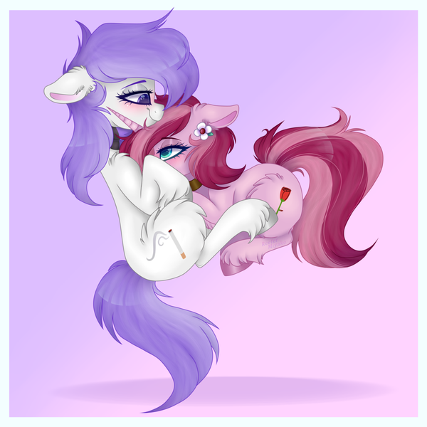 Size: 1024x1024 | Tagged: safe, artist:_spacemonkeyz_, derpibooru import, oc, oc:raphi, oc:rosebud, unofficial characters only, earth pony, pony, unicorn, female, floating, oc x oc, shipping, snuggling