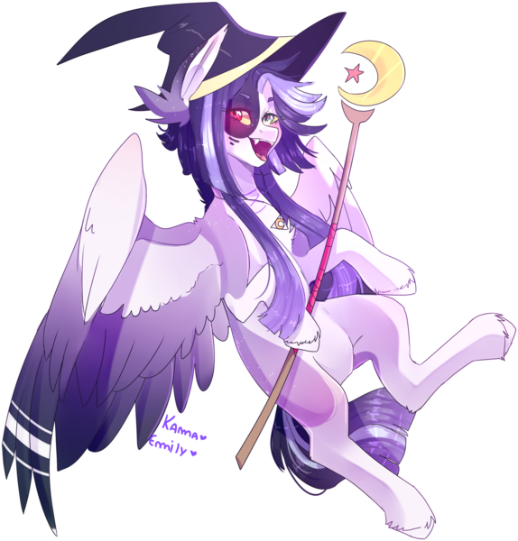 Size: 2408x2518 | Tagged: safe, artist:emily-826, artist:skimea, derpibooru import, oc, oc:kama, oc:shylu, unofficial characters only, pegasus, pony, female, fusion, hat, mare, simple background, solo, staff, transparent background, witch hat