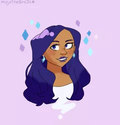 Size: 1024x1072 | Tagged: artist:mojothebrojo, bust, dark skin, derpibooru import, ear piercing, earring, eyeshadow, female, human, humanized, jewelry, lipstick, makeup, piercing, portrait, rarity, safe, simple background, smiling, solo