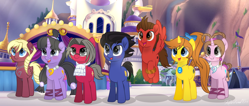 Size: 5872x2520 | Tagged: safe, artist:rainbow15s, derpibooru import, ponified, pony, ace attorney, apollo justice, athena cykes, crossover, klavier gavin, maya fey, miles edgeworth, movie, movie accurate, pearl fey, phoenix wright