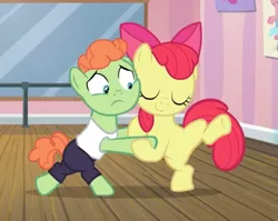 Size: 589x470 | Tagged: safe, derpibooru import, screencap, apple bloom, shuffle step, earth pony, pony, on your marks, bipedal, colt, cropped, dancing, eyes closed, female, filly, holding hooves, male, raised leg, squishy cheeks, underhoof