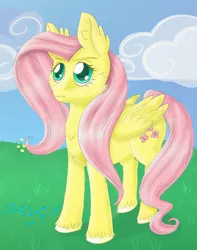 Size: 722x914 | Tagged: safe, artist:flickswitch, derpibooru import, fluttershy, pony, cloud, digital art, field, flower, full color, grass, sky, solo