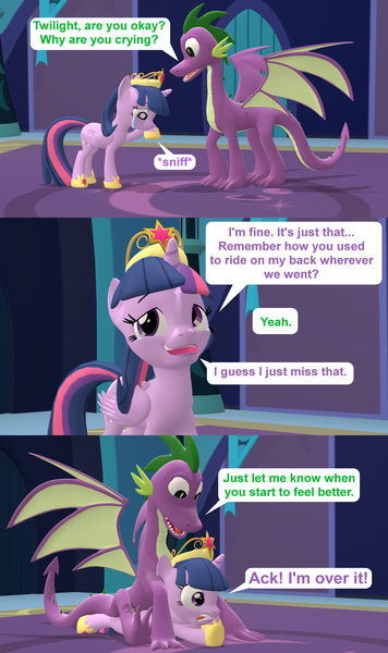 Size: 1920x3240 | Tagged: safe, artist:red4567, derpibooru import, spike, twilight sparkle, twilight sparkle (alicorn), alicorn, dragon, pony, 3d, back, comic, crying, dragons riding ponies, older, older spike, older twilight, quadrupedal spike, riding, source filmmaker, winged spike