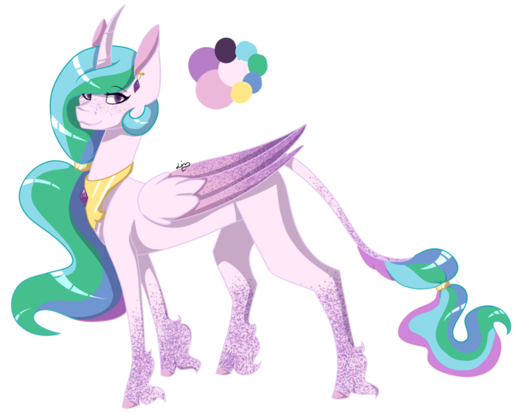 Size: 1024x825 | Tagged: safe, artist:leviathanscrown, derpibooru import, princess celestia, alicorn, classical unicorn, pony, unicorn, alternate hairstyle, cloven hooves, color palette, curved horn, dappled, ear piercing, earring, female, freckles, horn, jewelry, leonine tail, mare, missing accessory, missing cutie mark, peytral, piercing, ponytail, simple background, solo, transparent background, unshorn fetlocks