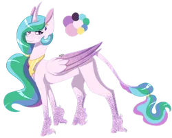 Size: 1024x825 | Tagged: safe, artist:leviathanscrown, derpibooru import, princess celestia, alicorn, classical unicorn, pony, unicorn, alternate hairstyle, cloven hooves, color palette, curved horn, dappled, ear piercing, earring, female, freckles, horn, jewelry, leonine tail, mare, missing accessory, missing cutie mark, peytral, piercing, ponytail, simple background, solo, transparent background, unshorn fetlocks