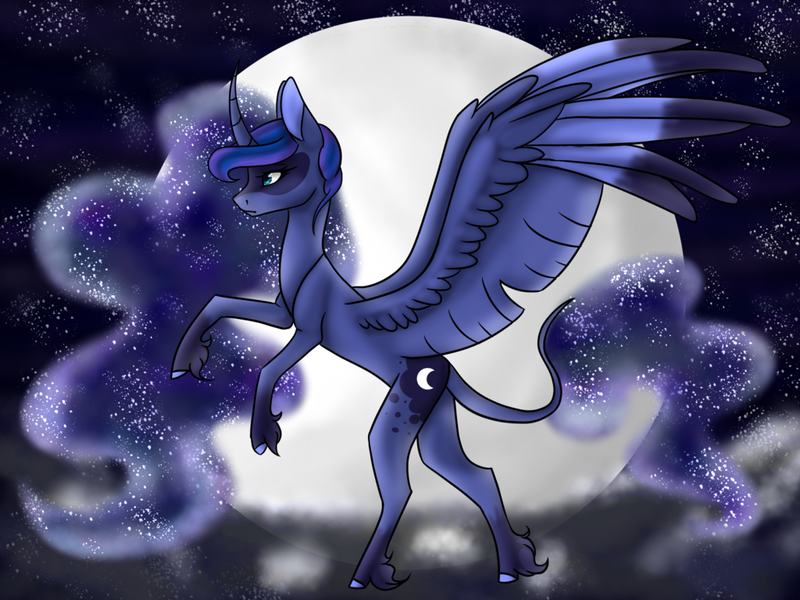 Size: 1024x768 | Tagged: safe, artist:leviathanscrown, derpibooru import, princess luna, alicorn, classical unicorn, pony, unicorn, cloven hooves, coat markings, curved horn, cutie mark, ethereal mane, female, horn, leonine tail, mare, moon, rearing, redraw, solo, spread wings, starry mane, stars, unshorn fetlocks, wings