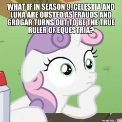 Size: 600x600 | Tagged: caption, cropped, derpibooru import, edit, edited screencap, exploitable meme, grogar, image macro, meme, obligatory pony, ponyville, ponyville confidential, safe, screencap, season 9, solo, spoiler:s09, sudden clarity sweetie belle, sweetie belle, text, theory