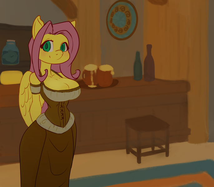 Size: 1280x1121 | Tagged: safe, artist:nanodeath, derpibooru import, fluttershy, anthro, pegasus, adorasexy, bar maid, big breasts, breasts, busty fluttershy, cleavage, clothes, cute, female, image, looking at you, mare, mug, png, sexy, solo, tavern, wench