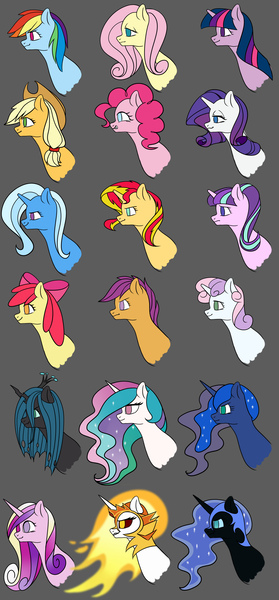 Size: 2000x4300 | Tagged: safe, artist:pupil, derpibooru import, apple bloom, applejack, daybreaker, fluttershy, nightmare moon, pinkie pie, princess cadance, princess celestia, princess luna, queen chrysalis, rainbow dash, rarity, scootaloo, starlight glimmer, sunset shimmer, sweetie belle, trixie, twilight sparkle, changeling, earth pony, pegasus, pony, unicorn, cutie mark crusaders, female, filly, mane six, mare, royal sisters