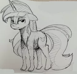 Size: 1221x1175 | Tagged: safe, artist:post-it, derpibooru import, lyra heartstrings, pony, unicorn, female, floppy ears, ink drawing, lidded eyes, looking at you, mare, simple background, sketch, smiling, solo, traditional art, white background