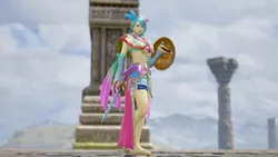 Size: 1200x675 | Tagged: 3d, armor, artist:alphamonouryuuken, clothes, derpibooru import, human, humanized, my little pony: the movie, pony coloring, pose, princess skystar, safe, sandles, shield, shorts, solo, soul calibur, soul calibur vi, sword, unconvincing armor, video game, weapon