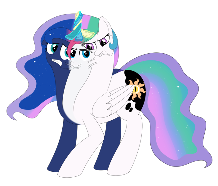 Size: 2342x2000 | Tagged: abomination, alicorn, artist:mlpconjoinment, bad touch, body horror, conjoined, conjoined by horn, derpibooru import, looking at each other, magic, molestation, multiple heads, oc, oc:vocal love, personal space invasion, princess celestia, princess luna, safe, this will end in jail time, three heads, wat, what has magic done, what has science done, xk-class end-of-the-world scenario