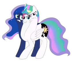 Size: 2342x2000 | Tagged: abomination, alicorn, artist:mlpconjoinment, bad touch, body horror, conjoined, conjoined by horn, derpibooru import, looking at each other, magic, molestation, multiple heads, oc, oc:vocal love, personal space invasion, princess celestia, princess luna, safe, this will end in jail time, three heads, wat, what has magic done, what has science done, xk-class end-of-the-world scenario