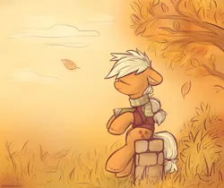 Size: 1280x1073 | Tagged: safe, artist:anotherdeadrat, derpibooru import, applejack, earth pony, pony, autumn, book, clothes, eyes closed, female, hatless, leaves, mare, missing accessory, scarf, solo, sweater, tree, tree branch