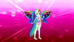Size: 1280x720 | Tagged: safe, artist:gouhlsrule, artist:yaya54320, derpibooru import, rainbow dash, fairy, human, equestria girls, barefoot, base used, clothes, colored wings, crossover, enchantix, fairy wings, feet, gloves, humanized, long gloves, long hair, multicolored wings, rainbow s.r.l, rainbow wings, winged humanization, wings, winx club