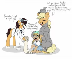 Size: 1760x1435 | Tagged: safe, artist:pastel-charms, derpibooru import, applejack, oc, oc:apple butter, oc:lucky horseshoe, pony, clothes, colt, costume, female, filly, male, nightmare night costume, offspring, overprotective, parent:applejack, parent:troubleshoes clyde, parents:troublejack, the wizard of oz, tin man