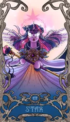 Size: 822x1425 | Tagged: safe, artist:sourcherry, derpibooru import, twilight sparkle, twilight sparkle (alicorn), alicorn, pony, clothes, dress, halo, horn, jewel, major arcana, solo, staff, stars, tarot, tarot card, wings