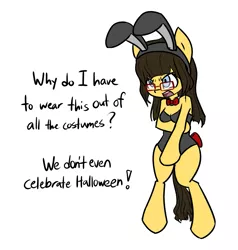 Size: 1355x1426 | Tagged: safe, artist:spheedc, derpibooru import, oc, oc:sphee, unofficial characters only, earth pony, semi-anthro, angry, bipedal, bowtie, breasts, bunny ears, bunny suit, clothes, covering, digital art, embarrassed, female, glasses, leotard, mare, simple background, solo, text, white background