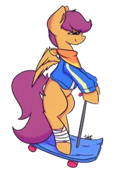 Size: 1300x1950 | Tagged: artist:sushie, bandage, bandana, bipedal, bipedal leaning, clothes, derpibooru import, jacket, leaning, safe, scootaloo, scooter, simple background, solo, transparent background