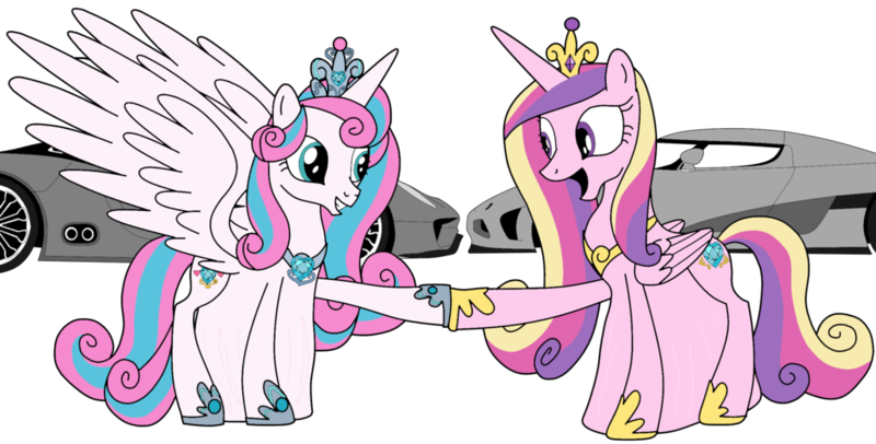 Size: 1024x520 | Tagged: safe, artist:didgereethebrony, derpibooru import, princess cadance, princess flurry heart, pony, belly, big belly, car, crown, female, hoofshake, huge belly, hyper, hyper belly, hyper pregnancy, hypercar, impossibly large belly, jewelry, koenigsegg, koenigsegg agera r, mother and child, mother and daughter, older, older flurry heart, porsche, porsche 918, pregnant, regalia, tiara