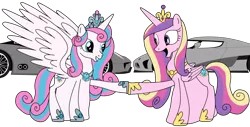 Size: 1024x520 | Tagged: safe, artist:didgereethebrony, derpibooru import, princess cadance, princess flurry heart, pony, belly, big belly, car, crown, female, hoofshake, huge belly, hyper, hyper belly, hyper pregnancy, hypercar, impossibly large belly, jewelry, koenigsegg, koenigsegg agera r, mother and child, mother and daughter, older, older flurry heart, porsche, porsche 918, pregnant, regalia, tiara