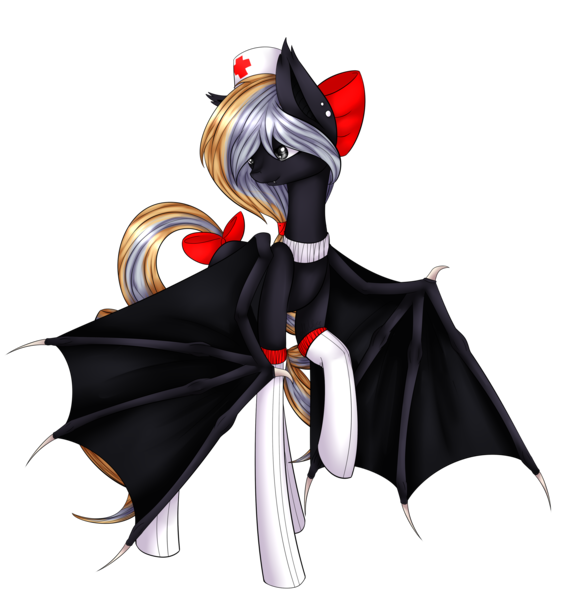 Size: 3019x3091 | Tagged: safe, artist:midfire, derpibooru import, oc, oc:nighthaunt, unofficial characters only, bat pony, bat pony oc, bat wings, bow, clothes, cute, cute little fangs, ear piercing, fangs, female, gloves, mare, nurse, nurse outfit, piercing, raised hoof, simple background, socks, solo, stockings, tail bow, thigh highs, transparent background, wings