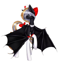 Size: 3019x3091 | Tagged: safe, artist:midfire, derpibooru import, oc, oc:nighthaunt, unofficial characters only, bat pony, bat pony oc, bat wings, bow, clothes, cute, cute little fangs, ear piercing, fangs, female, gloves, mare, nurse, nurse outfit, piercing, raised hoof, simple background, socks, solo, stockings, tail bow, thigh highs, transparent background, wings