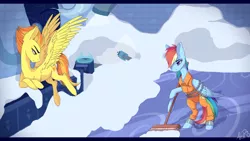 Size: 1024x576 | Tagged: aftermath, artist:scape-goats, bound wings, broom, chains, derpibooru import, prisoner rd, punishment, rainbow dash, safe, shackles, snow, spitfire, tanks for the memories, weather factory, wings