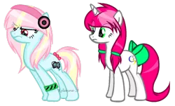 Size: 1024x618 | Tagged: safe, artist:xylenneisnotamazing, derpibooru import, oc, oc:amelia chords, oc:rimmer lyra, unofficial characters only, earth pony, pony, unicorn, bow, female, headphones, mare, simple background, tail bow, transparent background