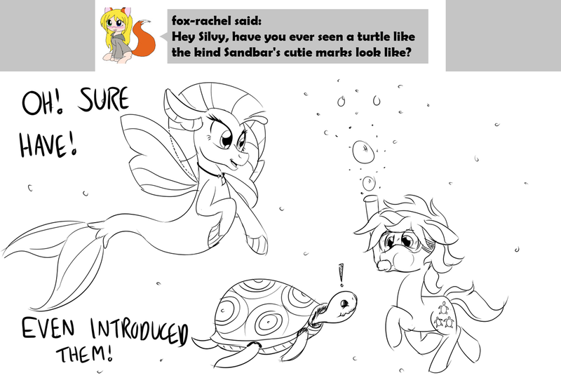 Size: 1280x883 | Tagged: safe, artist:sintakhra, derpibooru import, sandbar, silverstream, pony, seapony (g4), turtle, tumblr:studentsix, ask, cute, diastreamies, monochrome, tumblr, underwater