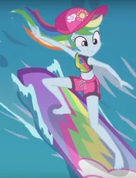 Size: 476x622 | Tagged: safe, derpibooru import, screencap, rainbow dash, blue crushed, equestria girls, equestria girls series, barefoot, belly button, clothes, cropped, feet, geode of super speed, magical geodes, midriff, solo, surfboard, surfing, swimsuit, wave