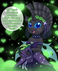 Size: 1225x1500 | Tagged: alien, alien (franchise), artist:vavacung, changeling, changeling oc, clothes, cuteling, derpibooru import, dress, egg, facehugger, female, heart, implied oviposition, oc, oc:loveless, oc:loveless nova, safe, solo, this will end in pain, this will end in pregnancy, this will end in tears, unofficial characters only, wedding dress, xenomorph