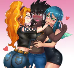 Size: 800x738 | Tagged: suggestive, artist:tzc, derpibooru import, adagio dazzle, queen chrysalis, oc, oc:midnight radiance (sixpathspony), human, adagiance, adagio dat-azzle, ass, bedroom eyes, blushing, breasts, butt, canon x oc, clothes, commission, female, heart, humanized, large butt, licking, licking lips, lidded eyes, looking at each other, lucky bastard, male, straight, sweat, tongue out, winged humanization, wings