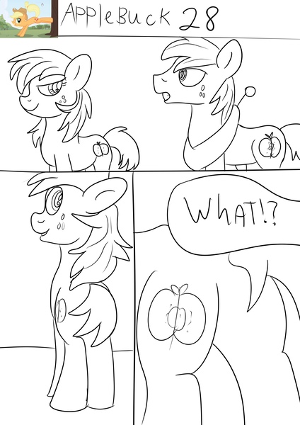 Size: 2480x3508 | Tagged: suggestive, artist:jbond, derpibooru import, big macintosh, changedling, changeling, earth pony, pony, comic:applebuck, butt, comic, exclamation point, interrobang, lineart, monochrome, plot, question mark, rule 63, sketch, speech, talking, text