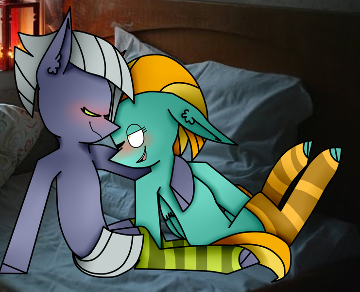 Size: 1024x829 | Tagged: safe, artist:skuuma2511, derpibooru import, lightning dust, limestone pie, earth pony, pegasus, pony, bed, blushing, clothes, cuddling, eyes closed, female, hug, irl, lesbian, limedust, mare, one eye closed, open mouth, photo, pillow, ponies in real life, shipping, socks, striped socks, wink