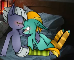 Size: 1024x829 | Tagged: safe, artist:skuuma2511, derpibooru import, lightning dust, limestone pie, earth pony, pegasus, pony, bed, blushing, clothes, cuddling, eyes closed, female, hug, irl, lesbian, limedust, mare, one eye closed, open mouth, photo, pillow, ponies in real life, shipping, socks, striped socks, wink