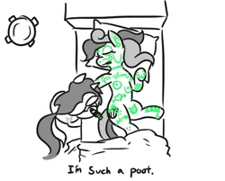 Size: 575x463 | Tagged: suggestive, artist:jargon scott, derpibooru import, bon bon, lyra heartstrings, sweetie drops, earth pony, pony, unicorn, bed, body writing, dialogue, duo, end of evangelion, face doodle, female, i'm so fucked up, mare, marker, monochrome, neo noir, neon genesis evangelion, parody, partial color, simple background, sleeping, white background