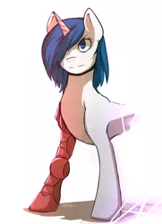 Size: 1280x1772 | Tagged: safe, artist:stupidyou3, derpibooru import, oc, oc:sorrow, unofficial characters only, pony, unicorn, amputee, bionic arm, female, hair over one eye, halfbody, horn, mare, prosthetic limb, prosthetics, simple background, solo, unicorn oc, white background