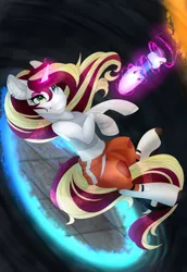 Size: 2500x3634 | Tagged: safe, artist:jacobdawz, derpibooru import, oc, oc:vanilla reddagger, unofficial characters only, pony, unicorn, animated, clothes, cosplay, costume, heterochromia, long fall horseshoe, loop, portal, portal (valve), portal gun, solo, video game