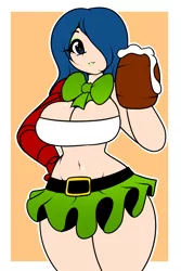 Size: 1000x1500 | Tagged: safe, artist:kloudmutt, derpibooru import, oc, oc:sorrow, unofficial characters only, human, alcohol, beautiful, beer, belly button, belt, bionic arm, bowtie, clothes, cute, explicit source, female, green lipstick, holiday, humanized, humanized oc, lipstick, midriff, miniskirt, moe, saint patrick's day, skirt, solo, thighs