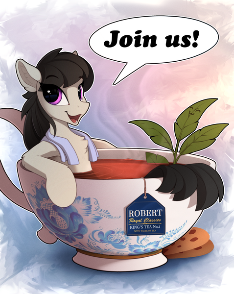 Size: 1910x2400 | Tagged: safe, artist:yakovlev-vad, derpibooru import, octavia melody, earth pony, pony, background pony, chest fluff, cup, cup of pony, cute, department of redundancy department, female, food, herbs, looking at you, mare, micro, solo, speech bubble, tea, teabag, teacup, towel