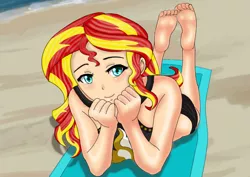 Size: 842x595 | Tagged: safe, artist:anonix123, derpibooru import, sunset shimmer, equestria girls, equestria girls series, adorasexy, barefoot, beach, clothes, cute, daaaaaaaaaaaw, feet, female, human coloration, looking at you, ocean, sand, sexy, shimmerbetes, smiling, solo, swimsuit