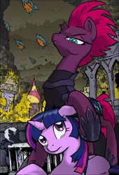Size: 1200x1768 | Tagged: semi-grimdark, artist:yewdee, derpibooru import, princess celestia, tempest shadow, twilight sparkle, twilight sparkle (alicorn), alicorn, pony, unicorn, my little pony: the movie, airship, attack, broken horn, burning, burning city, cage, canterlot, crying, female, fire, horn, looking down, mare, open up your eyes, prisoner, raised hoof, storm guard, storm king's ship