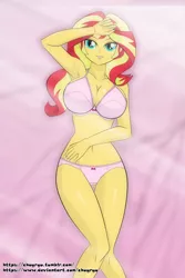 Size: 2000x3000 | Tagged: suggestive, artist:chuyryu, derpibooru import, sunset shimmer, equestria girls, armpits, bedroom eyes, belly button, bra, breasts, busty sunset shimmer, cleavage, clothes, crepuscular rays, female, frilly underwear, lingerie, morning after, panties, pink bra, pink panties, pink underwear, ribbon, sexy, solo, solo female, stupid sexy sunset shimmer, underwear