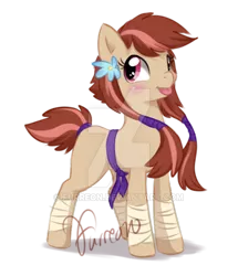 Size: 600x698 | Tagged: safe, artist:furreon, derpibooru import, oc, unnamed oc, unofficial characters only, earth pony, pony, bandage, belt, blushing, deviantart watermark, female, flower, flower in hair, karate belt, mare, obtrusive watermark, signature, simple background, solo, tongue out, transparent background, watermark