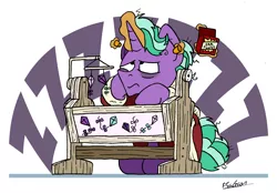 Size: 5889x4087 | Tagged: safe, artist:bobthedalek, derpibooru import, firelight, starlight glimmer, pony, absurd resolution, baby, baby pony, bags under eyes, bathrobe, bed mane, clothes, cradle, ear plugs, father and child, father and daughter, female, implied starlight glimmer, kite, male, onomatopoeia, robe, sleeping, snorelight glimmer, snoring, sound effects, that pony sure does love kites, tired, younger, zzz