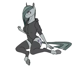 Size: 2632x2364 | Tagged: suggestive, artist:akweer, derpibooru import, marble pie, anthro, earth pony, horse, unguligrade anthro, clothes, female, hooded leotard, hoodie, hooves, leotard, mare, simple background, sitting, socks, solo, solo female, stockings, thigh highs, toeless stockings, white background