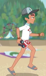 Size: 261x431 | Tagged: safe, derpibooru import, screencap, timber spruce, equestria girls, equestria girls series, unsolved selfie mysteries, clothes, cropped, feet, legs, lifeguard, lifeguard timber, male, sandals, shorts, solo focus