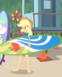 Size: 456x567 | Tagged: safe, derpibooru import, screencap, applejack, blue crushed, equestria girls, equestria girls series, applejack's hat, barefoot, clothes, cowboy hat, cropped, feet, female, geode of super strength, hat, legs, magical geodes, solo, surfboard, swimsuit